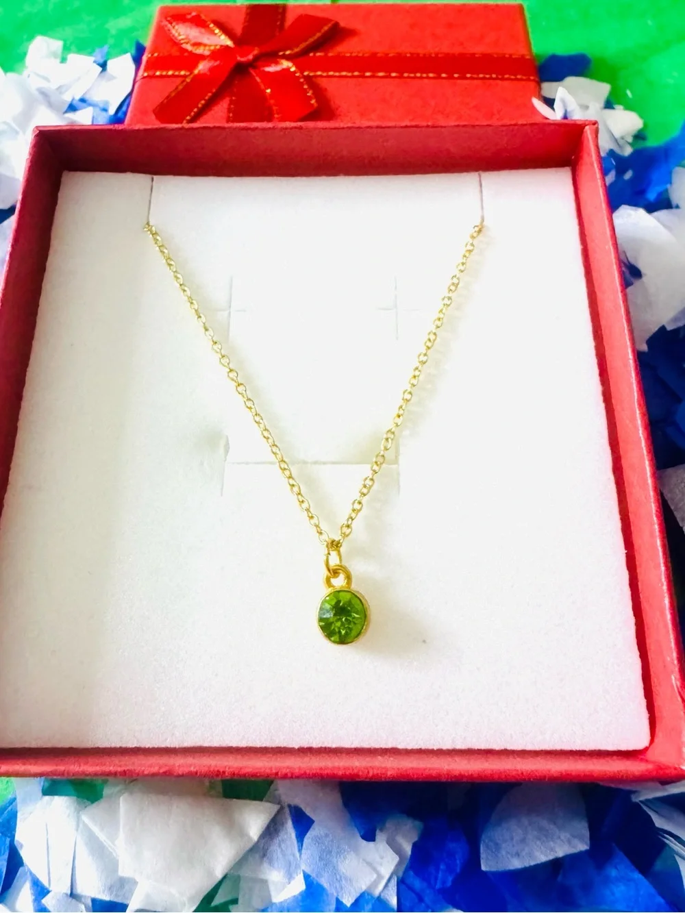 Gold-Tone Necklace with Green Crystal Pendant - Women's Jewelry